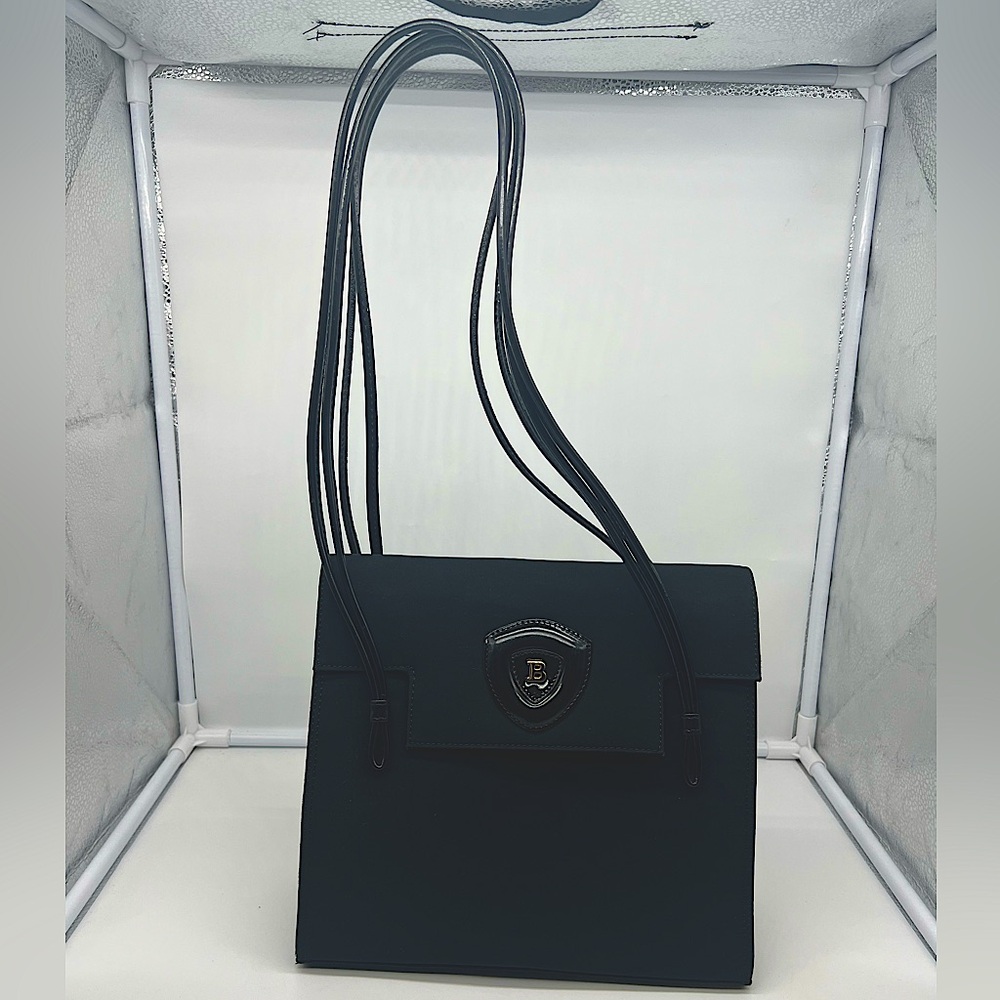 BALLY Vintage Fabric Black Patent Leather Dual Handles Shoulder Bag